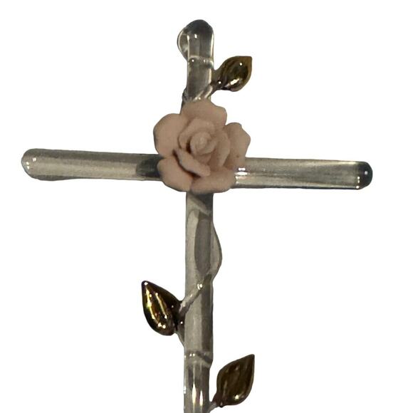 Glass Cross with Pink Rose & Leaves Home Decor Cake Topper Religion Church - Picture 2 of 6